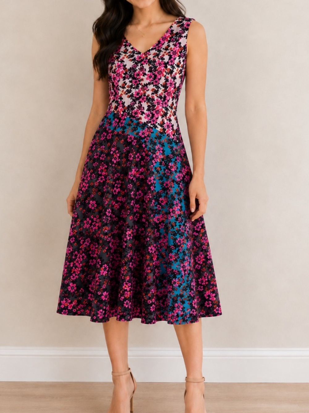 CHEZTU Floral Fit & Flare Dress Size 4 Pink Black Teal Sleeveless A-Line